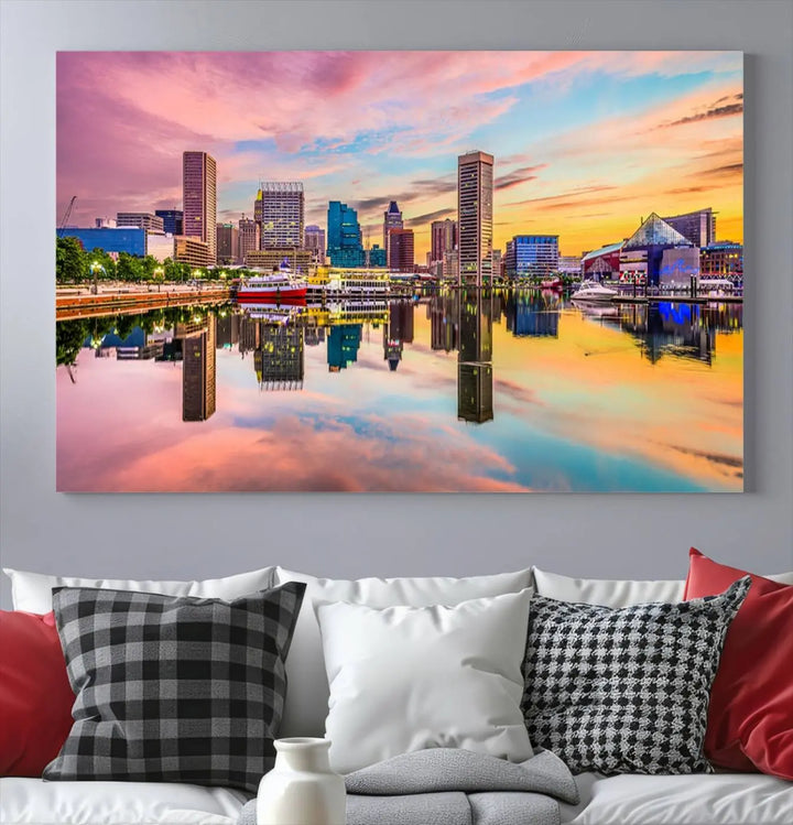 Transform your living room with the captivating elegance of the Baltimore City Lights Sunset Pink and Orange Skyline Cityscape View Wall Art Canvas Print. This triptych wall art features a breathtaking cityscape at sunset, beautifully reflected over water. Crafted with museum-quality canvases and UV-protective coating, it's ready to hang.