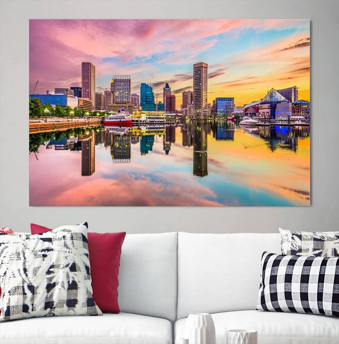 Transform your living room with the captivating elegance of the Baltimore City Lights Sunset Pink and Orange Skyline Cityscape View Wall Art Canvas Print. This triptych wall art features a breathtaking cityscape at sunset, beautifully reflected over water. Crafted with museum-quality canvases and UV-protective coating, it's ready to hang.