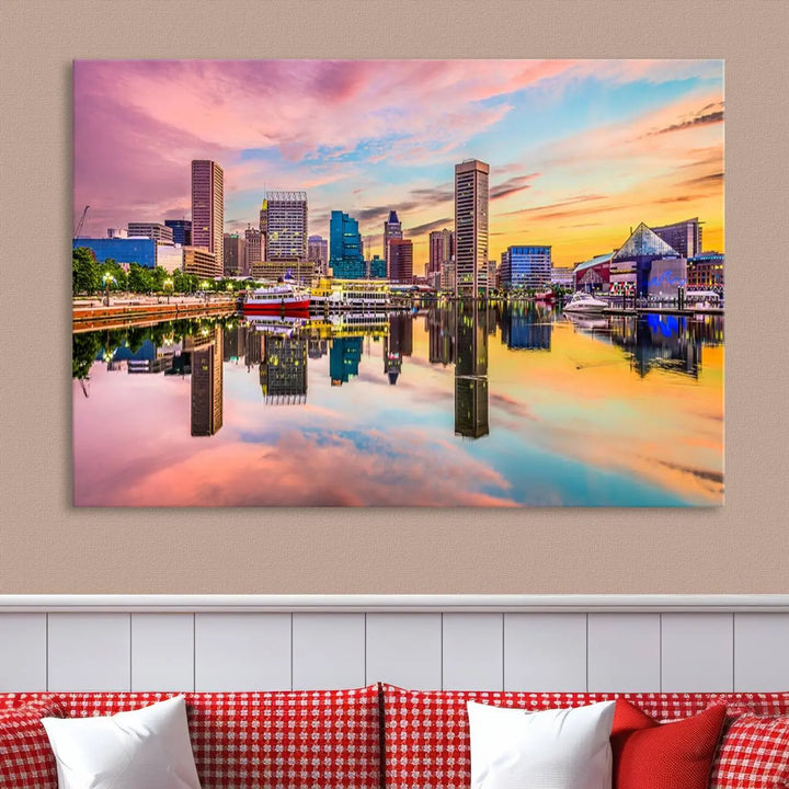 Transform your living room with the captivating elegance of the Baltimore City Lights Sunset Pink and Orange Skyline Cityscape View Wall Art Canvas Print. This triptych wall art features a breathtaking cityscape at sunset, beautifully reflected over water. Crafted with museum-quality canvases and UV-protective coating, it's ready to hang.