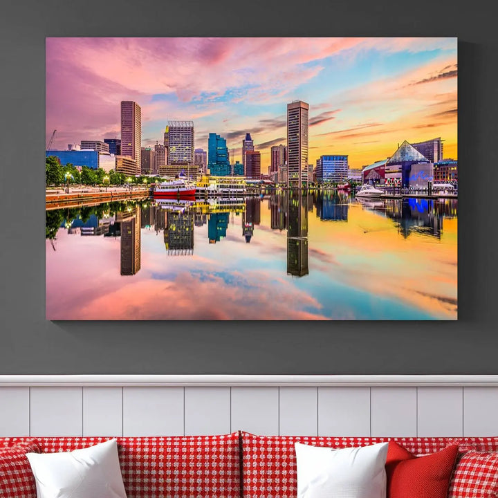 Transform your living room with the captivating elegance of the Baltimore City Lights Sunset Pink and Orange Skyline Cityscape View Wall Art Canvas Print. This triptych wall art features a breathtaking cityscape at sunset, beautifully reflected over water. Crafted with museum-quality canvases and UV-protective coating, it's ready to hang.