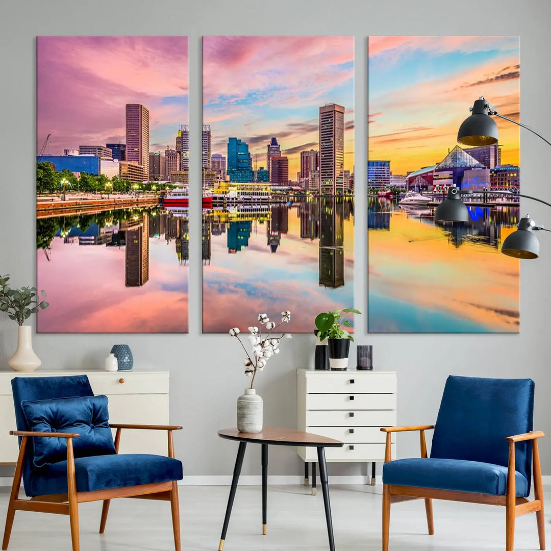 Transform your living room with the captivating elegance of the Baltimore City Lights Sunset Pink and Orange Skyline Cityscape View Wall Art Canvas Print. This triptych wall art features a breathtaking cityscape at sunset, beautifully reflected over water. Crafted with museum-quality canvases and UV-protective coating, it's ready to hang.