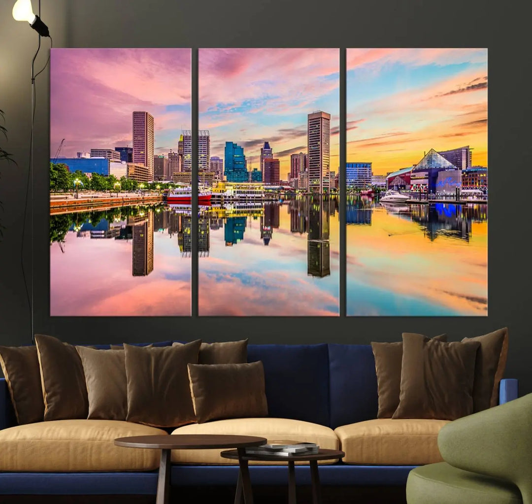 Transform your living room with the captivating elegance of the Baltimore City Lights Sunset Pink and Orange Skyline Cityscape View Wall Art Canvas Print. This triptych wall art features a breathtaking cityscape at sunset, beautifully reflected over water. Crafted with museum-quality canvases and UV-protective coating, it's ready to hang.