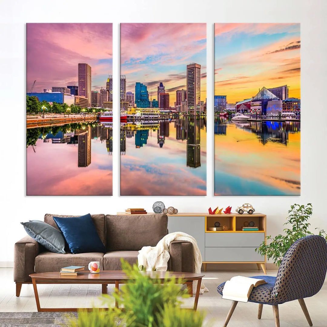 Transform your living room with the captivating elegance of the Baltimore City Lights Sunset Pink and Orange Skyline Cityscape View Wall Art Canvas Print. This triptych wall art features a breathtaking cityscape at sunset, beautifully reflected over water. Crafted with museum-quality canvases and UV-protective coating, it's ready to hang.