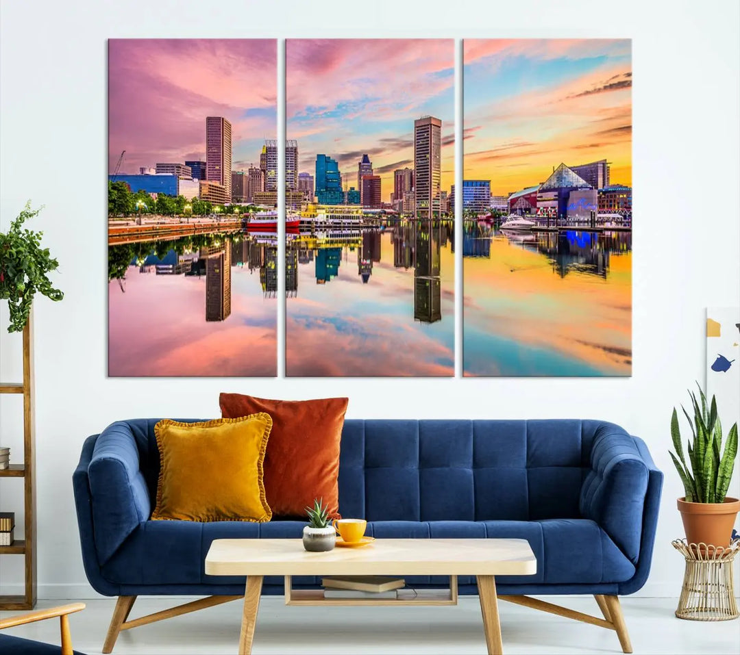 Transform your living room with the captivating elegance of the Baltimore City Lights Sunset Pink and Orange Skyline Cityscape View Wall Art Canvas Print. This triptych wall art features a breathtaking cityscape at sunset, beautifully reflected over water. Crafted with museum-quality canvases and UV-protective coating, it's ready to hang.