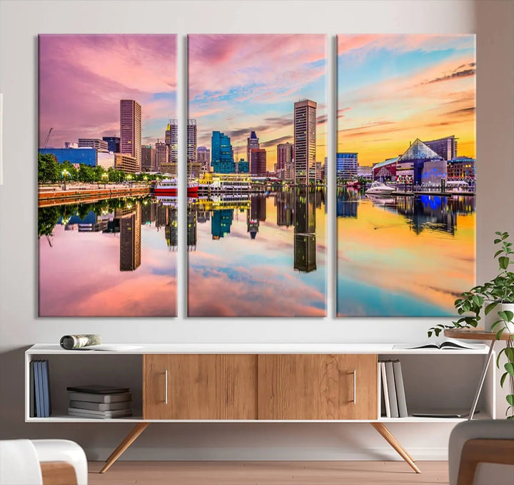 Transform your living room with the captivating elegance of the Baltimore City Lights Sunset Pink and Orange Skyline Cityscape View Wall Art Canvas Print. This triptych wall art features a breathtaking cityscape at sunset, beautifully reflected over water. Crafted with museum-quality canvases and UV-protective coating, it's ready to hang.