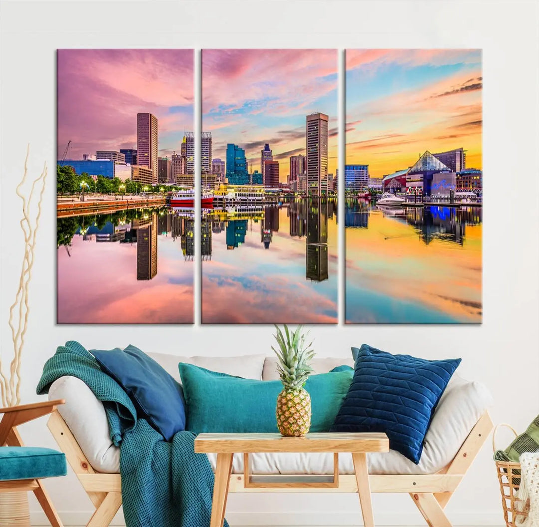 Transform your living room with the captivating elegance of the Baltimore City Lights Sunset Pink and Orange Skyline Cityscape View Wall Art Canvas Print. This triptych wall art features a breathtaking cityscape at sunset, beautifully reflected over water. Crafted with museum-quality canvases and UV-protective coating, it's ready to hang.