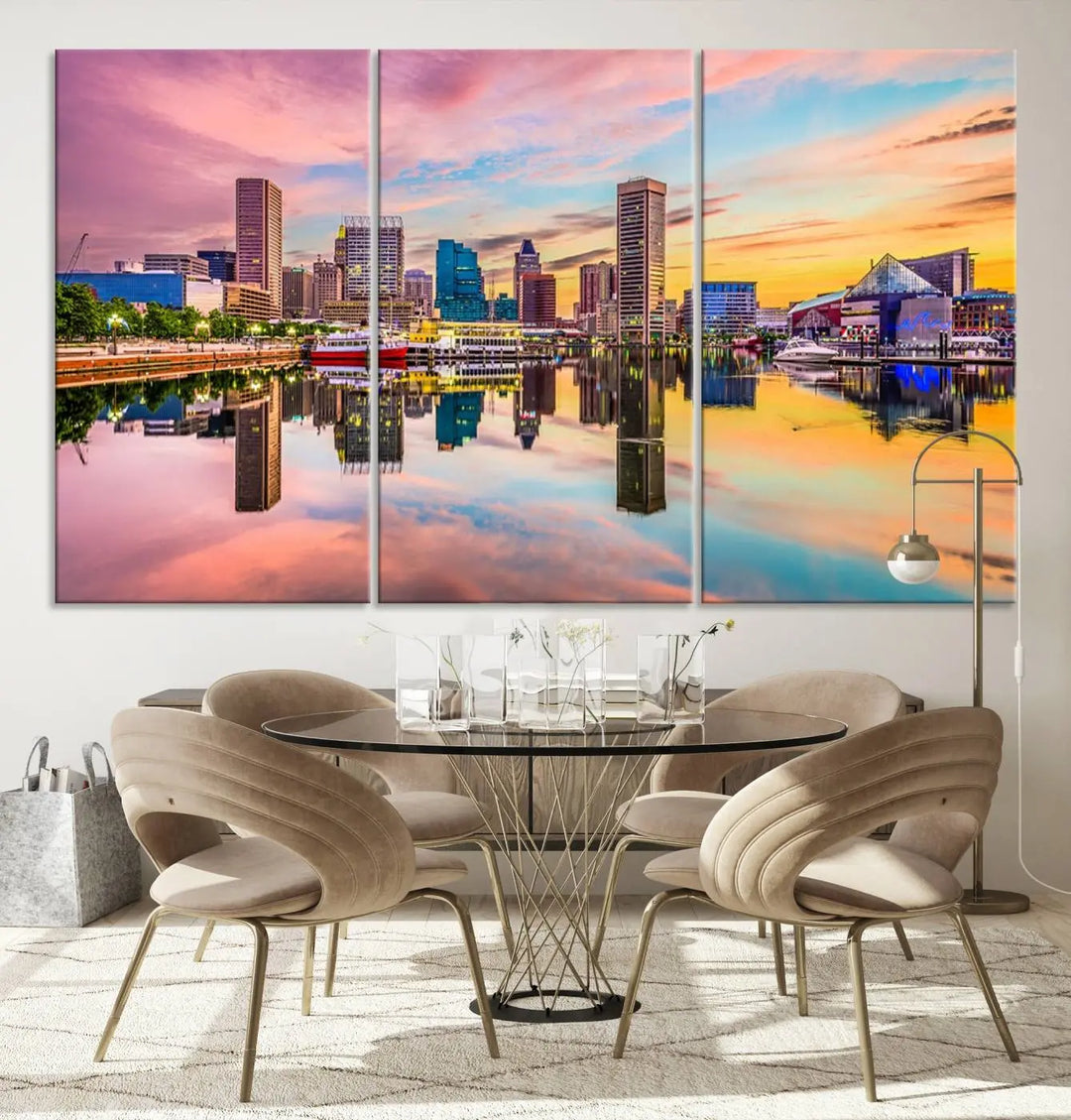 Transform your living room with the captivating elegance of the Baltimore City Lights Sunset Pink and Orange Skyline Cityscape View Wall Art Canvas Print. This triptych wall art features a breathtaking cityscape at sunset, beautifully reflected over water. Crafted with museum-quality canvases and UV-protective coating, it's ready to hang.