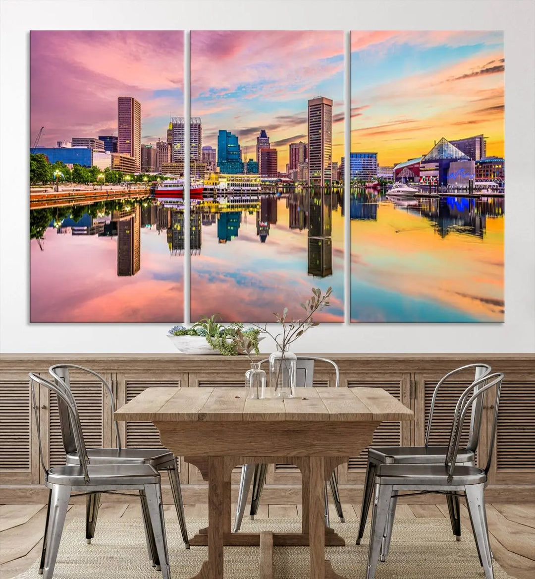 Transform your living room with the captivating elegance of the Baltimore City Lights Sunset Pink and Orange Skyline Cityscape View Wall Art Canvas Print. This triptych wall art features a breathtaking cityscape at sunset, beautifully reflected over water. Crafted with museum-quality canvases and UV-protective coating, it's ready to hang.