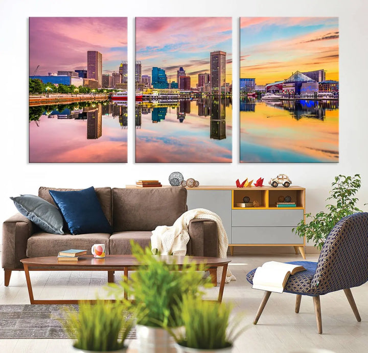 Transform your living room with the captivating elegance of the Baltimore City Lights Sunset Pink and Orange Skyline Cityscape View Wall Art Canvas Print. This triptych wall art features a breathtaking cityscape at sunset, beautifully reflected over water. Crafted with museum-quality canvases and UV-protective coating, it's ready to hang.