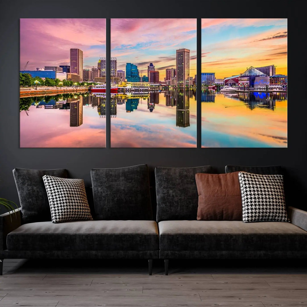 Transform your living room with the captivating elegance of the Baltimore City Lights Sunset Pink and Orange Skyline Cityscape View Wall Art Canvas Print. This triptych wall art features a breathtaking cityscape at sunset, beautifully reflected over water. Crafted with museum-quality canvases and UV-protective coating, it's ready to hang.