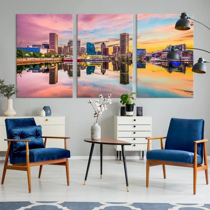 Transform your living room with the captivating elegance of the Baltimore City Lights Sunset Pink and Orange Skyline Cityscape View Wall Art Canvas Print. This triptych wall art features a breathtaking cityscape at sunset, beautifully reflected over water. Crafted with museum-quality canvases and UV-protective coating, it's ready to hang.