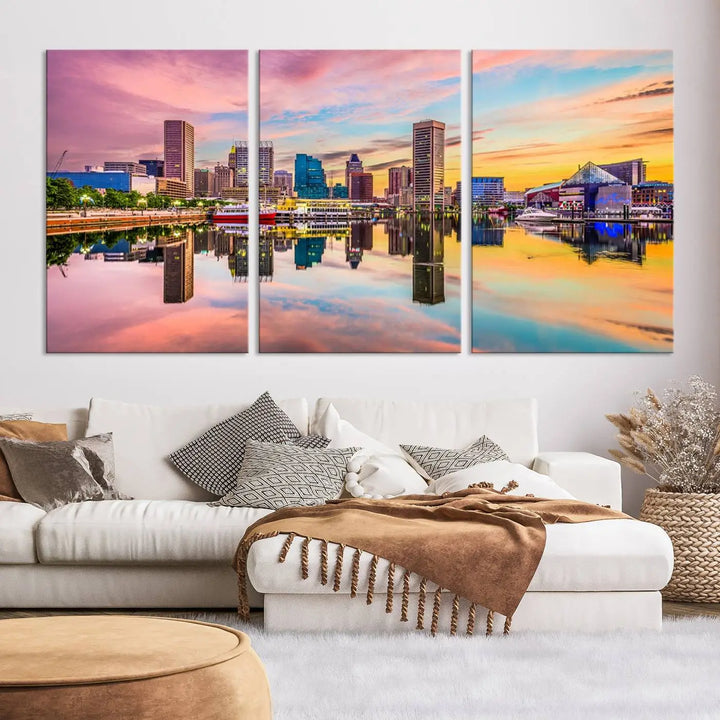 Transform your living room with the captivating elegance of the Baltimore City Lights Sunset Pink and Orange Skyline Cityscape View Wall Art Canvas Print. This triptych wall art features a breathtaking cityscape at sunset, beautifully reflected over water. Crafted with museum-quality canvases and UV-protective coating, it's ready to hang.