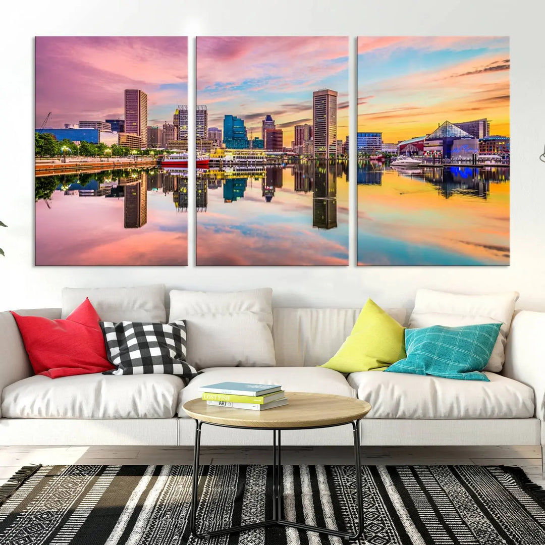 Transform your living room with the captivating elegance of the Baltimore City Lights Sunset Pink and Orange Skyline Cityscape View Wall Art Canvas Print. This triptych wall art features a breathtaking cityscape at sunset, beautifully reflected over water. Crafted with museum-quality canvases and UV-protective coating, it's ready to hang.