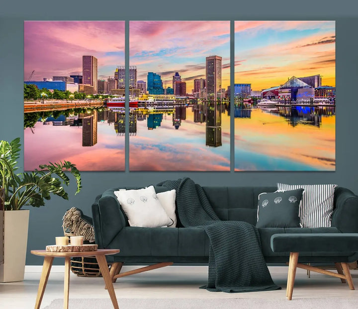 Transform your living room with the captivating elegance of the Baltimore City Lights Sunset Pink and Orange Skyline Cityscape View Wall Art Canvas Print. This triptych wall art features a breathtaking cityscape at sunset, beautifully reflected over water. Crafted with museum-quality canvases and UV-protective coating, it's ready to hang.