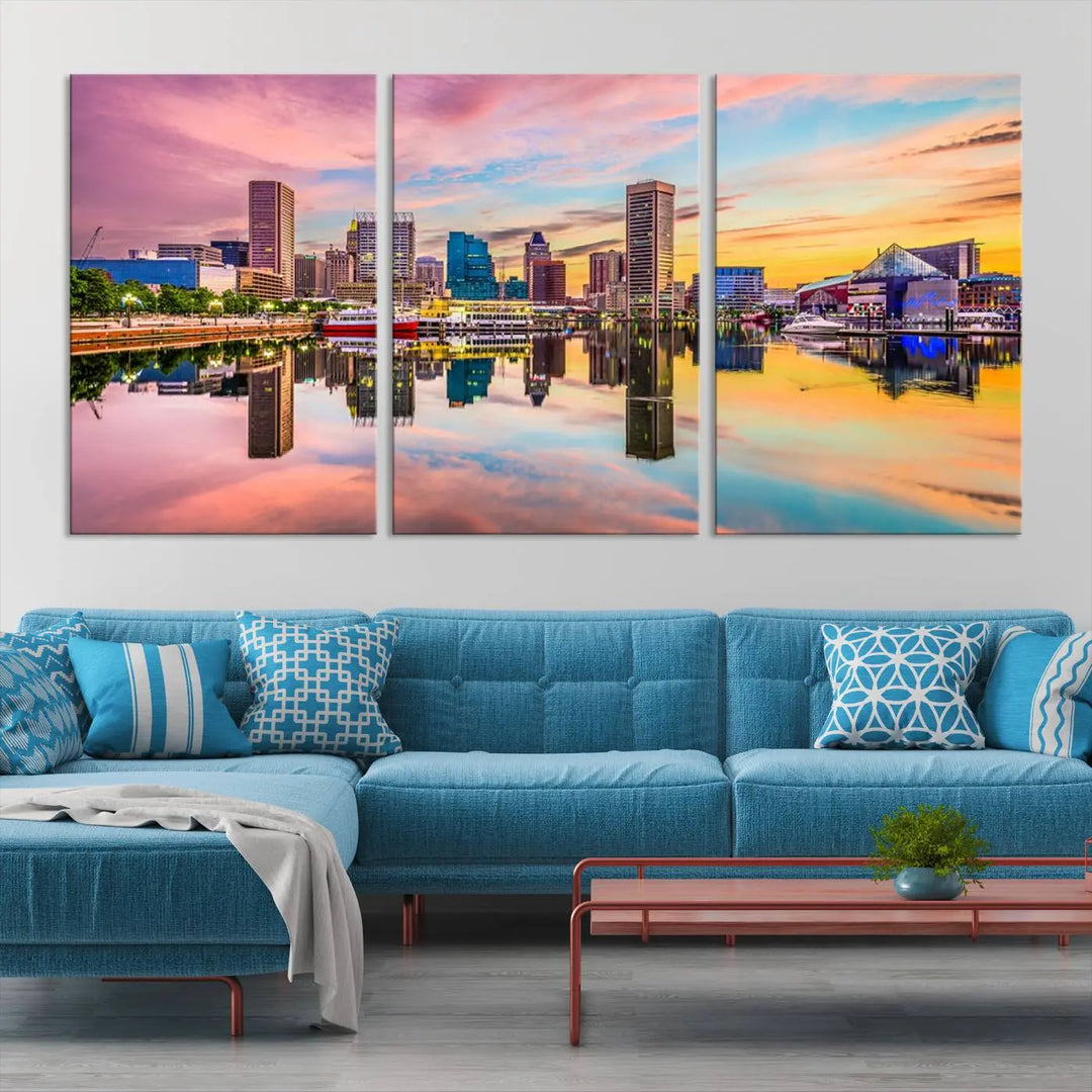 Transform your living room with the captivating elegance of the Baltimore City Lights Sunset Pink and Orange Skyline Cityscape View Wall Art Canvas Print. This triptych wall art features a breathtaking cityscape at sunset, beautifully reflected over water. Crafted with museum-quality canvases and UV-protective coating, it's ready to hang.