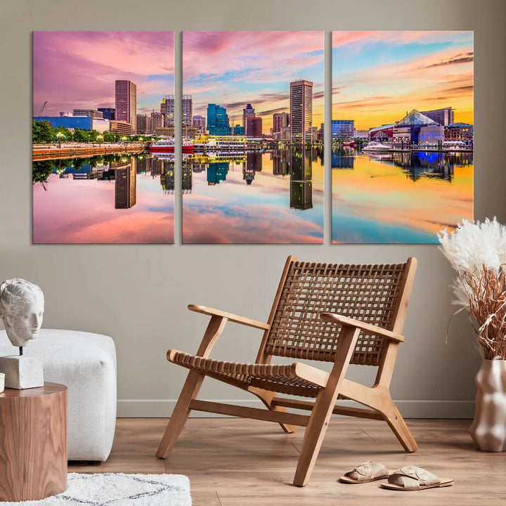 Transform your living room with the captivating elegance of the Baltimore City Lights Sunset Pink and Orange Skyline Cityscape View Wall Art Canvas Print. This triptych wall art features a breathtaking cityscape at sunset, beautifully reflected over water. Crafted with museum-quality canvases and UV-protective coating, it's ready to hang.