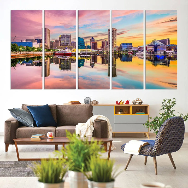 Transform your living room with the captivating elegance of the Baltimore City Lights Sunset Pink and Orange Skyline Cityscape View Wall Art Canvas Print. This triptych wall art features a breathtaking cityscape at sunset, beautifully reflected over water. Crafted with museum-quality canvases and UV-protective coating, it's ready to hang.