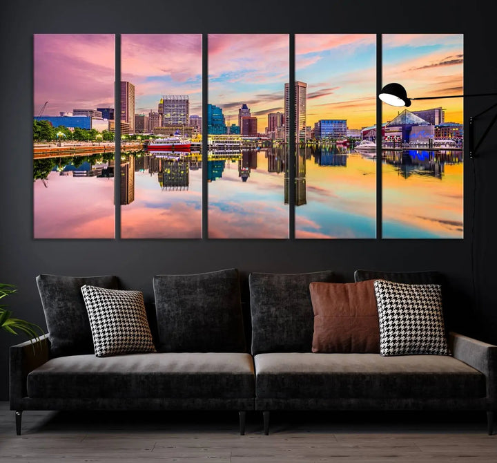 Transform your living room with the captivating elegance of the Baltimore City Lights Sunset Pink and Orange Skyline Cityscape View Wall Art Canvas Print. This triptych wall art features a breathtaking cityscape at sunset, beautifully reflected over water. Crafted with museum-quality canvases and UV-protective coating, it's ready to hang.