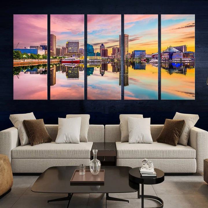 Transform your living room with the captivating elegance of the Baltimore City Lights Sunset Pink and Orange Skyline Cityscape View Wall Art Canvas Print. This triptych wall art features a breathtaking cityscape at sunset, beautifully reflected over water. Crafted with museum-quality canvases and UV-protective coating, it's ready to hang.