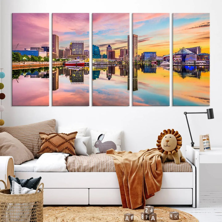 Transform your living room with the captivating elegance of the Baltimore City Lights Sunset Pink and Orange Skyline Cityscape View Wall Art Canvas Print. This triptych wall art features a breathtaking cityscape at sunset, beautifully reflected over water. Crafted with museum-quality canvases and UV-protective coating, it's ready to hang.