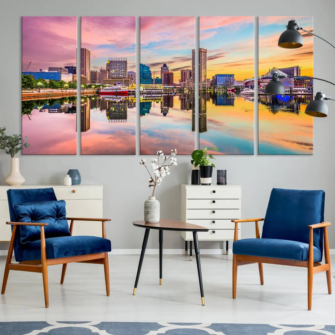 Transform your living room with the captivating elegance of the Baltimore City Lights Sunset Pink and Orange Skyline Cityscape View Wall Art Canvas Print. This triptych wall art features a breathtaking cityscape at sunset, beautifully reflected over water. Crafted with museum-quality canvases and UV-protective coating, it's ready to hang.