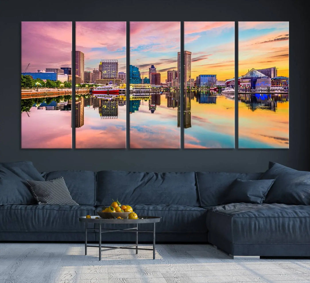 Transform your living room with the captivating elegance of the Baltimore City Lights Sunset Pink and Orange Skyline Cityscape View Wall Art Canvas Print. This triptych wall art features a breathtaking cityscape at sunset, beautifully reflected over water. Crafted with museum-quality canvases and UV-protective coating, it's ready to hang.