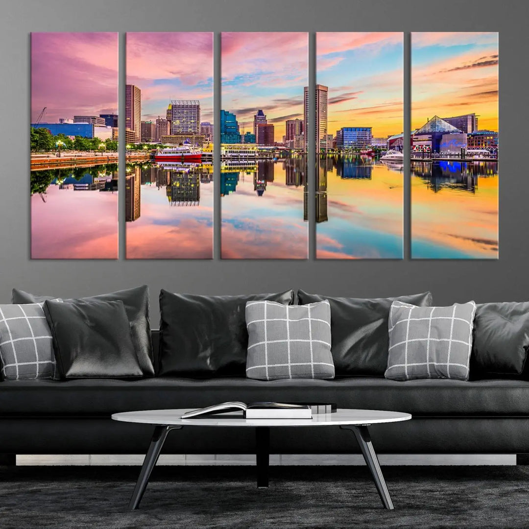 Transform your living room with the captivating elegance of the Baltimore City Lights Sunset Pink and Orange Skyline Cityscape View Wall Art Canvas Print. This triptych wall art features a breathtaking cityscape at sunset, beautifully reflected over water. Crafted with museum-quality canvases and UV-protective coating, it's ready to hang.