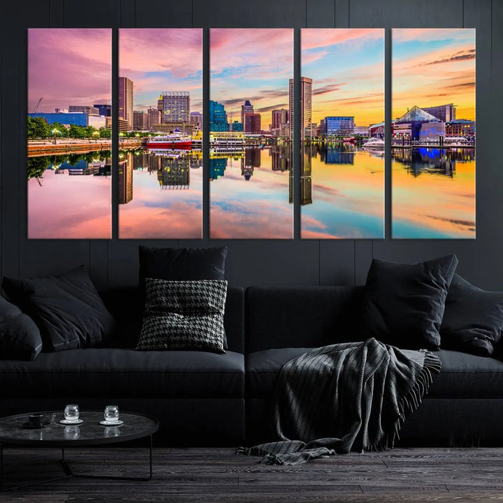 Transform your living room with the captivating elegance of the Baltimore City Lights Sunset Pink and Orange Skyline Cityscape View Wall Art Canvas Print. This triptych wall art features a breathtaking cityscape at sunset, beautifully reflected over water. Crafted with museum-quality canvases and UV-protective coating, it's ready to hang.