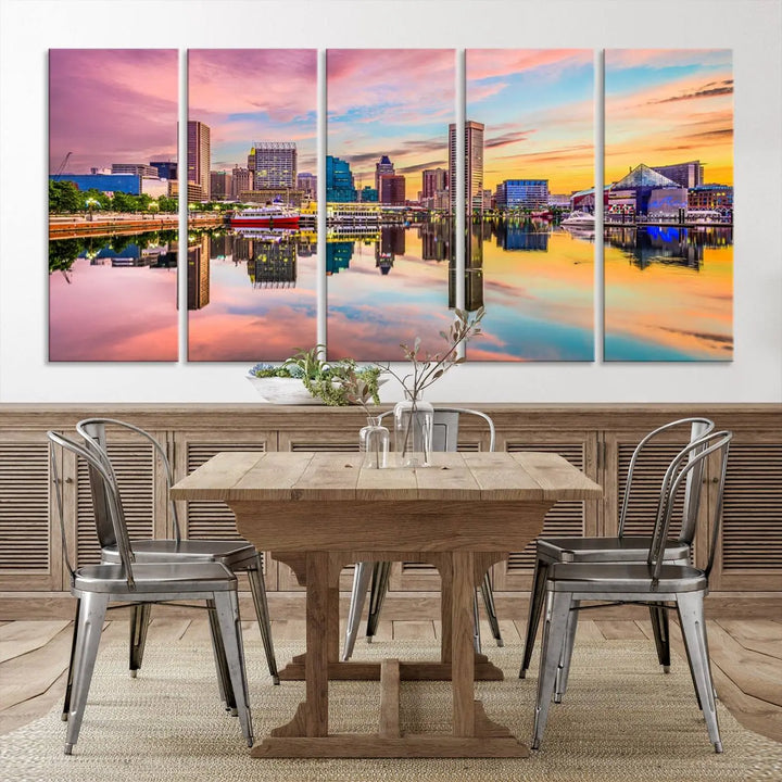 Transform your living room with the captivating elegance of the Baltimore City Lights Sunset Pink and Orange Skyline Cityscape View Wall Art Canvas Print. This triptych wall art features a breathtaking cityscape at sunset, beautifully reflected over water. Crafted with museum-quality canvases and UV-protective coating, it's ready to hang.