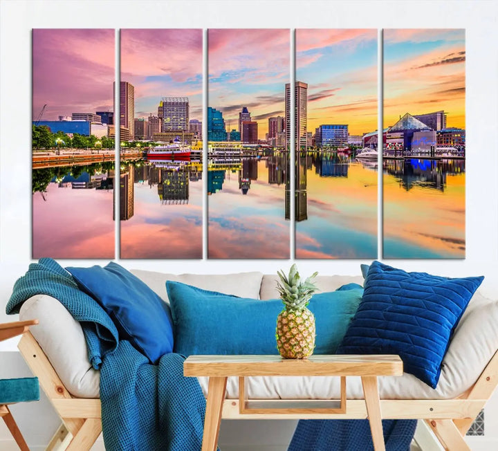 Transform your living room with the captivating elegance of the Baltimore City Lights Sunset Pink and Orange Skyline Cityscape View Wall Art Canvas Print. This triptych wall art features a breathtaking cityscape at sunset, beautifully reflected over water. Crafted with museum-quality canvases and UV-protective coating, it's ready to hang.