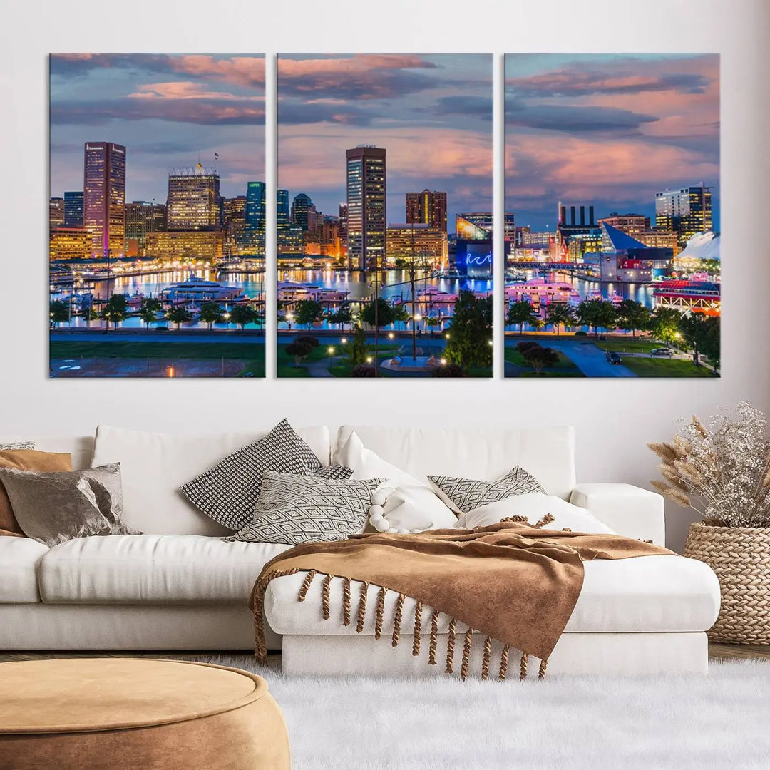 The "Baltimore City Lights Sunset Purple Cloudy Skyline Cityscape View Wall Art Canvas Prints," featuring a city skyline at sunset, is prominently displayed.