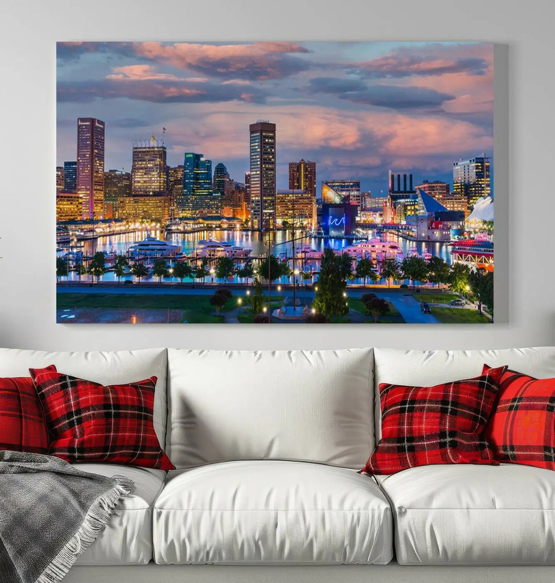 The "Baltimore City Lights Sunset Purple Cloudy Skyline Cityscape View Wall Art Canvas Prints," featuring a city skyline at sunset, is prominently displayed.