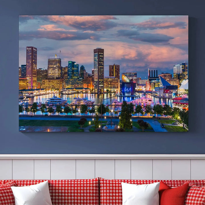 The "Baltimore City Lights Sunset Purple Cloudy Skyline Cityscape View Wall Art Canvas Prints," featuring a city skyline at sunset, is prominently displayed.