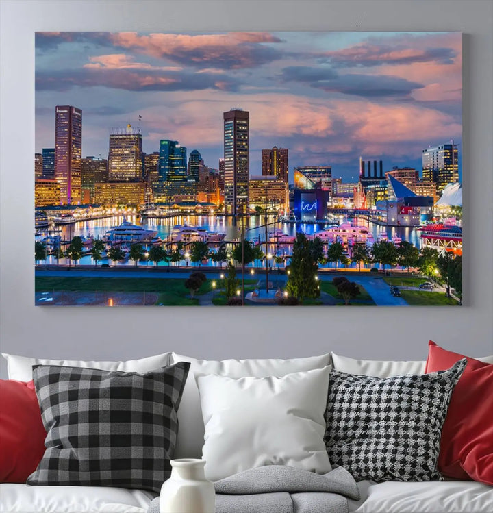 The "Baltimore City Lights Sunset Purple Cloudy Skyline Cityscape View Wall Art Canvas Prints," featuring a city skyline at sunset, is prominently displayed.