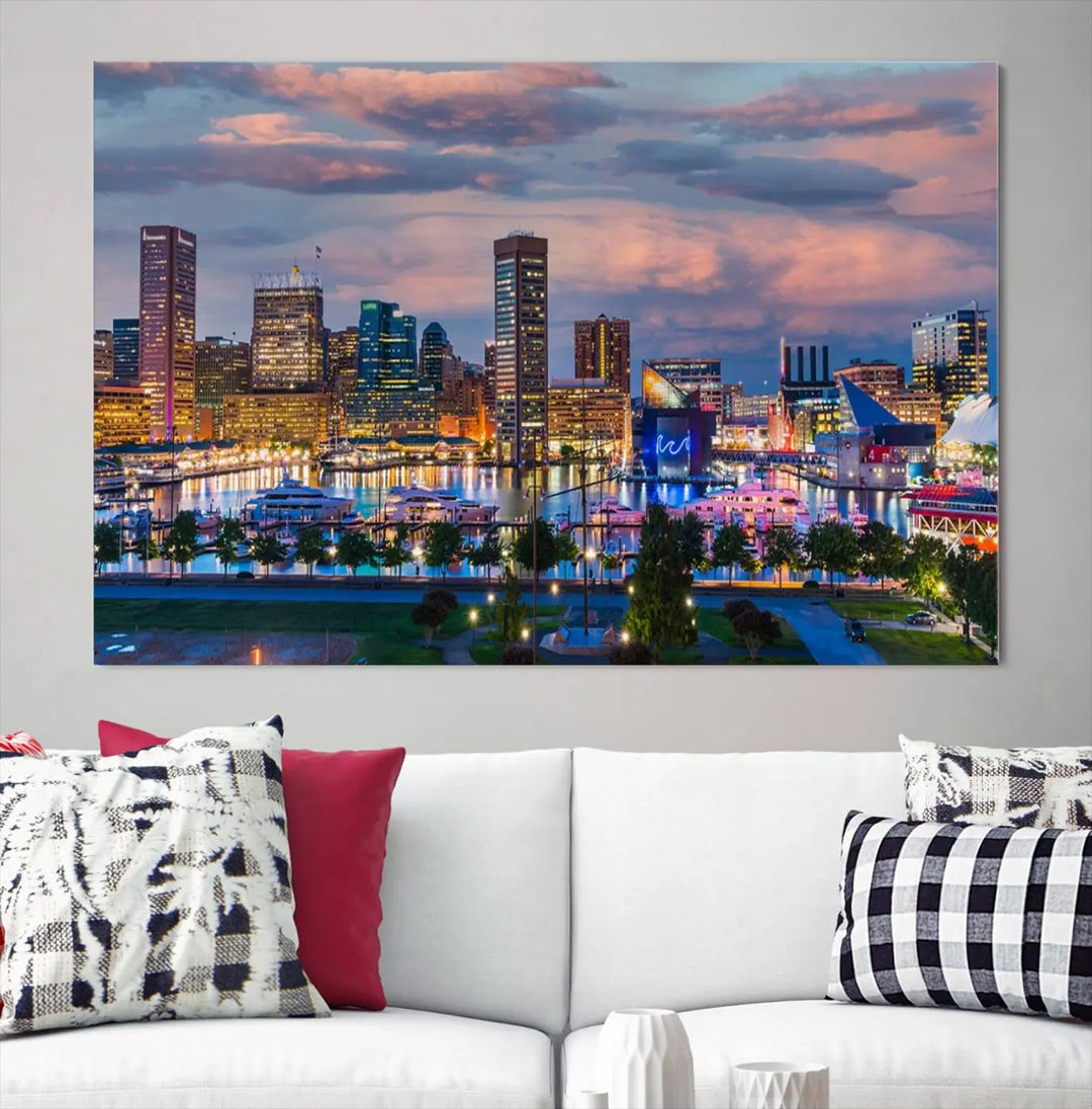 The "Baltimore City Lights Sunset Purple Cloudy Skyline Cityscape View Wall Art Canvas Prints," featuring a city skyline at sunset, is prominently displayed.