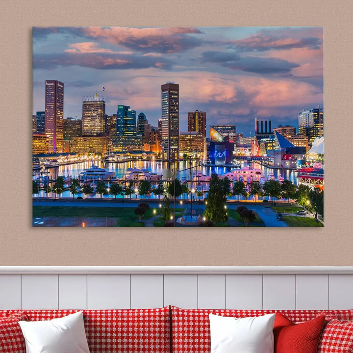 The "Baltimore City Lights Sunset Purple Cloudy Skyline Cityscape View Wall Art Canvas Prints," featuring a city skyline at sunset, is prominently displayed.