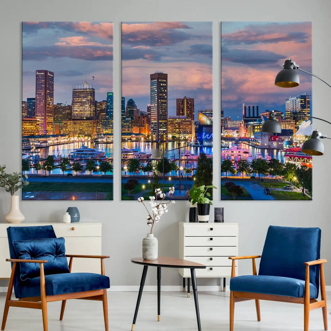 The "Baltimore City Lights Sunset Purple Cloudy Skyline Cityscape View Wall Art Canvas Prints," featuring a city skyline at sunset, is prominently displayed.