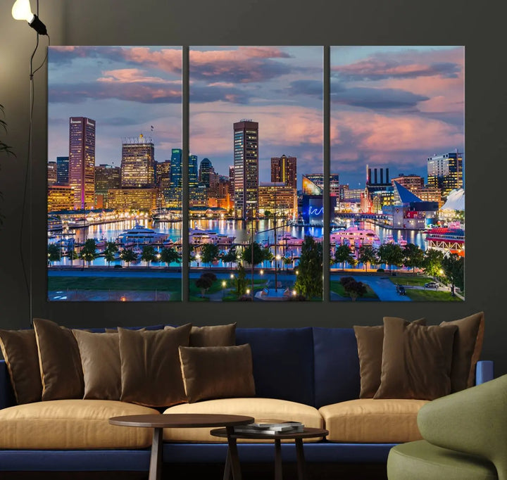 The "Baltimore City Lights Sunset Purple Cloudy Skyline Cityscape View Wall Art Canvas Prints," featuring a city skyline at sunset, is prominently displayed.