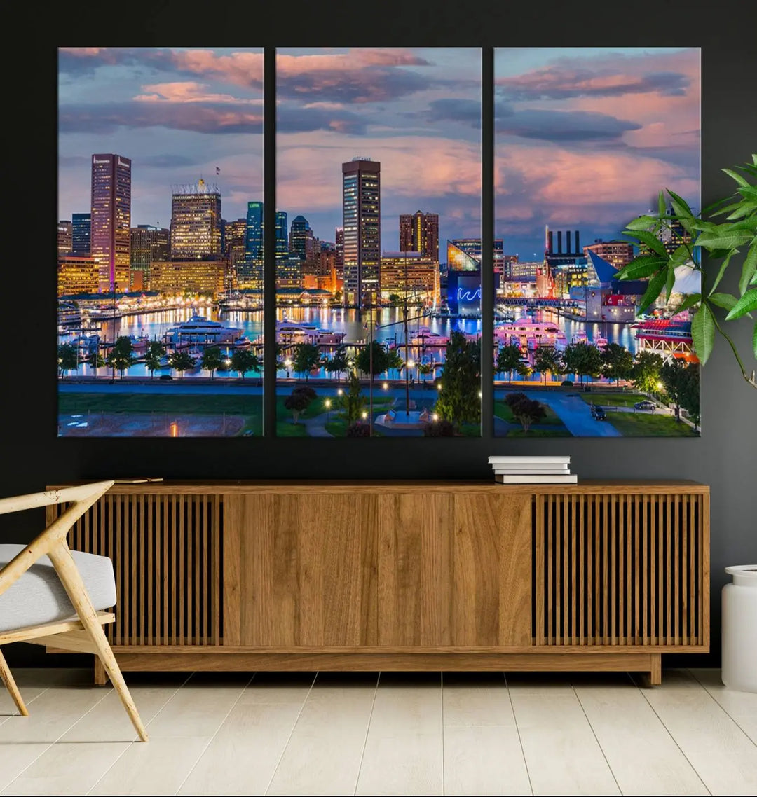 The "Baltimore City Lights Sunset Purple Cloudy Skyline Cityscape View Wall Art Canvas Prints," featuring a city skyline at sunset, is prominently displayed.