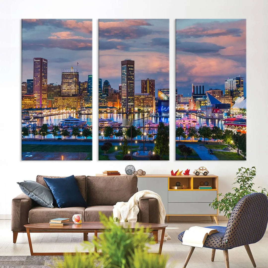 The "Baltimore City Lights Sunset Purple Cloudy Skyline Cityscape View Wall Art Canvas Prints," featuring a city skyline at sunset, is prominently displayed.