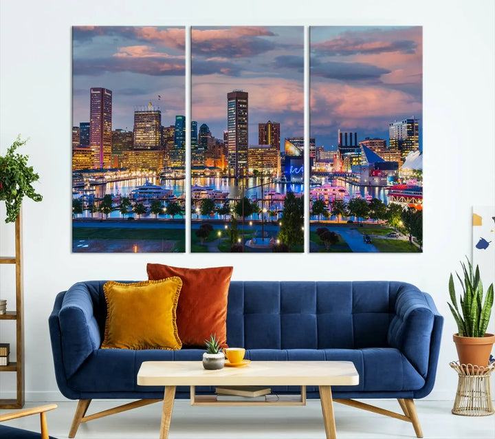 The "Baltimore City Lights Sunset Purple Cloudy Skyline Cityscape View Wall Art Canvas Prints," featuring a city skyline at sunset, is prominently displayed.