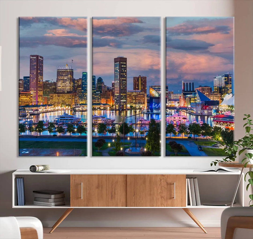 The "Baltimore City Lights Sunset Purple Cloudy Skyline Cityscape View Wall Art Canvas Prints," featuring a city skyline at sunset, is prominently displayed.