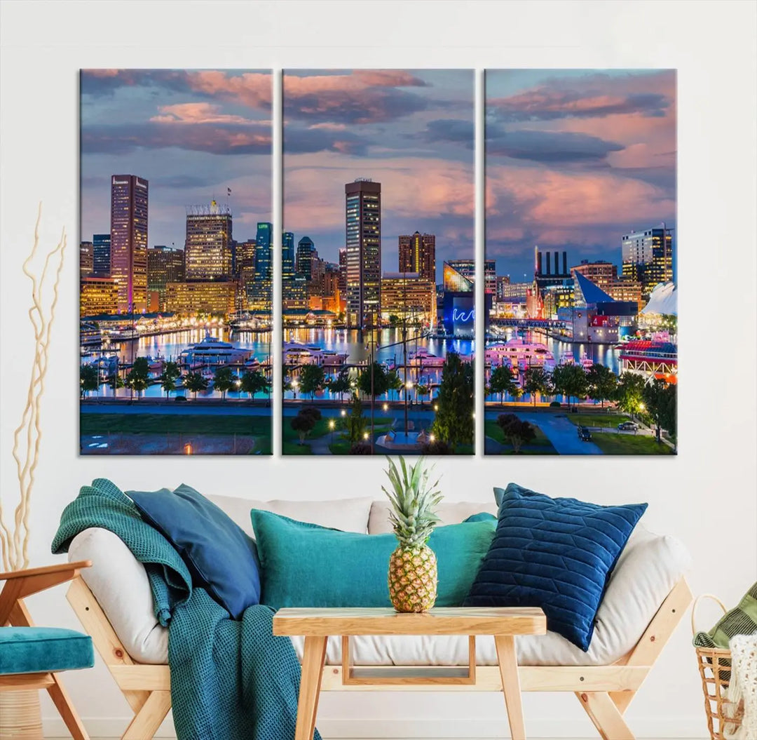 The "Baltimore City Lights Sunset Purple Cloudy Skyline Cityscape View Wall Art Canvas Prints," featuring a city skyline at sunset, is prominently displayed.