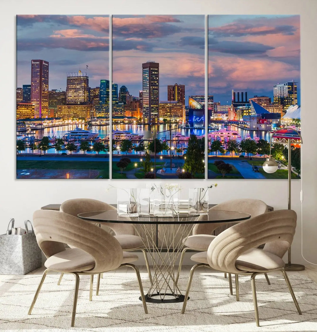 The "Baltimore City Lights Sunset Purple Cloudy Skyline Cityscape View Wall Art Canvas Prints," featuring a city skyline at sunset, is prominently displayed.