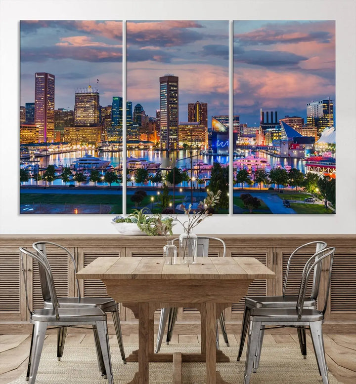 The "Baltimore City Lights Sunset Purple Cloudy Skyline Cityscape View Wall Art Canvas Prints," featuring a city skyline at sunset, is prominently displayed.