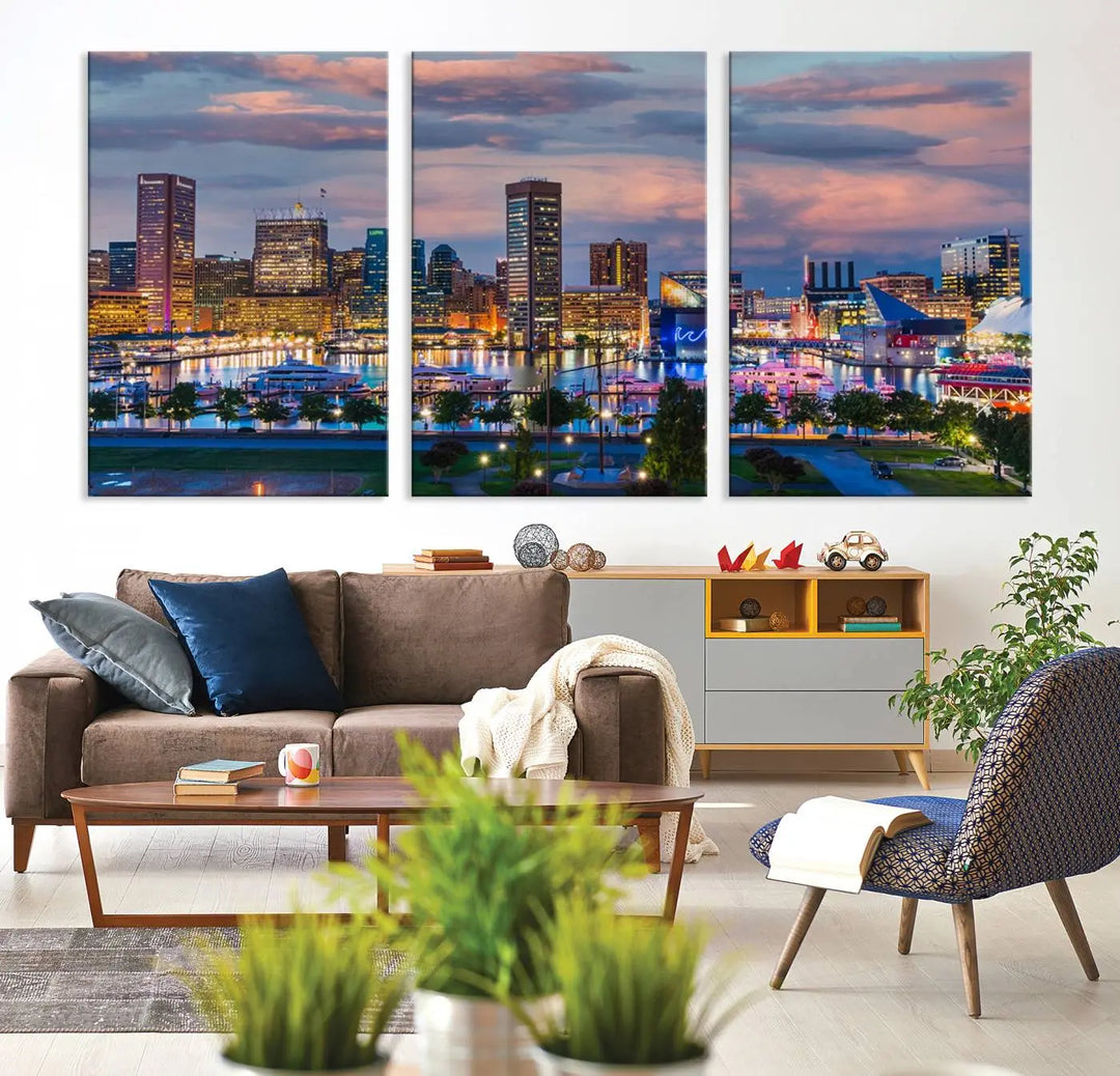 The "Baltimore City Lights Sunset Purple Cloudy Skyline Cityscape View Wall Art Canvas Prints," featuring a city skyline at sunset, is prominently displayed.