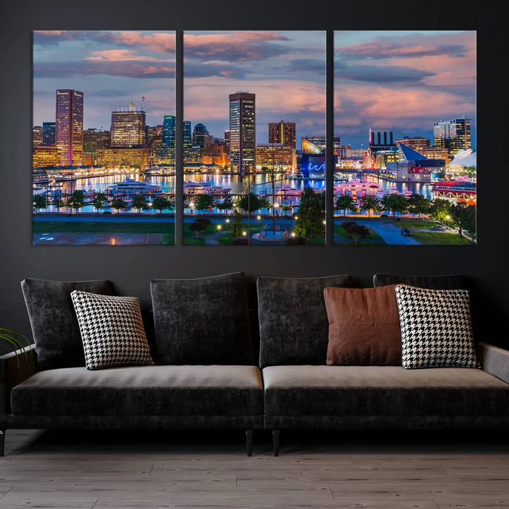 The "Baltimore City Lights Sunset Purple Cloudy Skyline Cityscape View Wall Art Canvas Prints," featuring a city skyline at sunset, is prominently displayed.