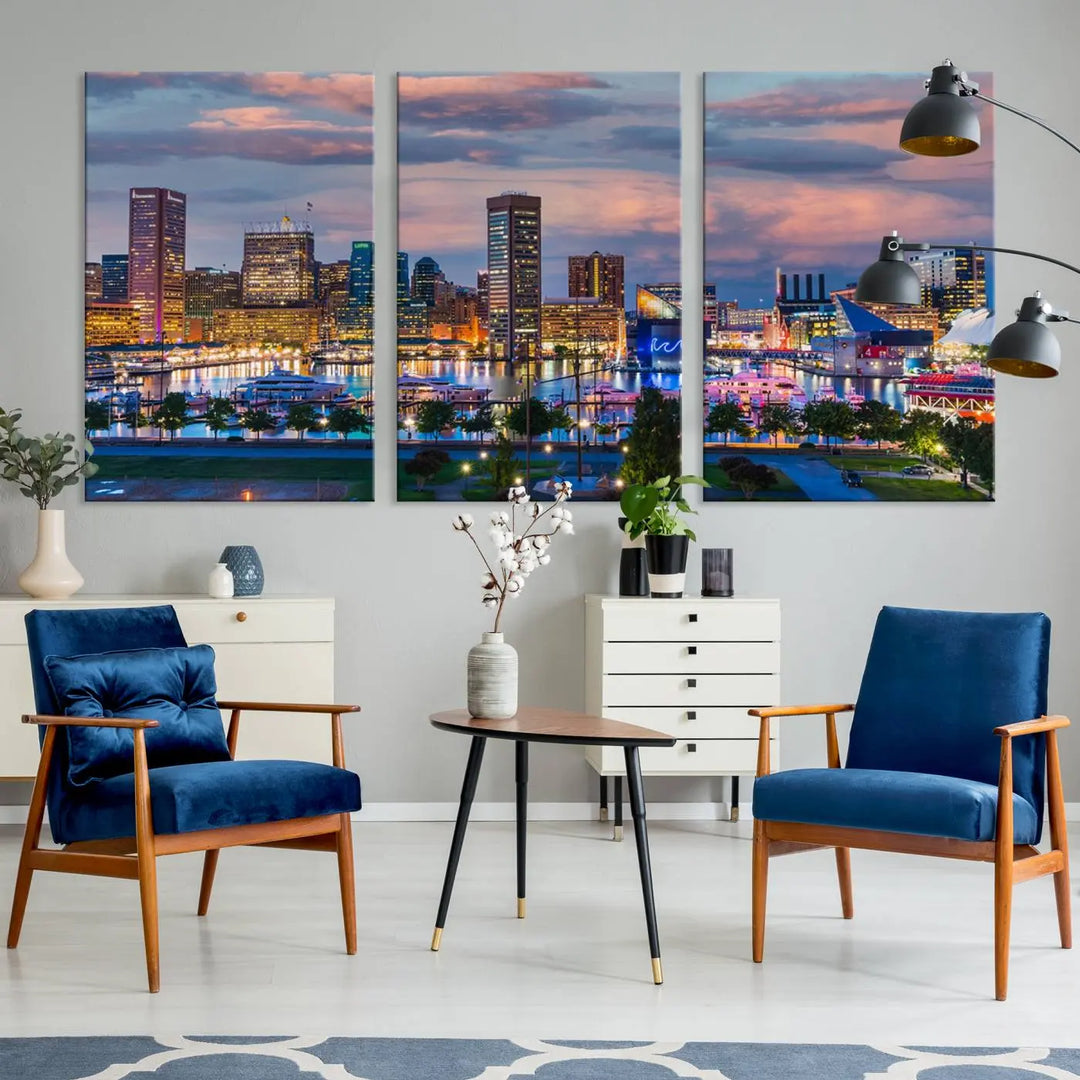 The "Baltimore City Lights Sunset Purple Cloudy Skyline Cityscape View Wall Art Canvas Prints," featuring a city skyline at sunset, is prominently displayed.