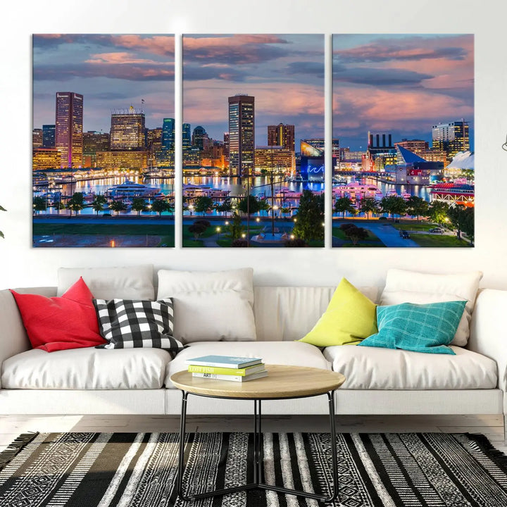 The "Baltimore City Lights Sunset Purple Cloudy Skyline Cityscape View Wall Art Canvas Prints," featuring a city skyline at sunset, is prominently displayed.