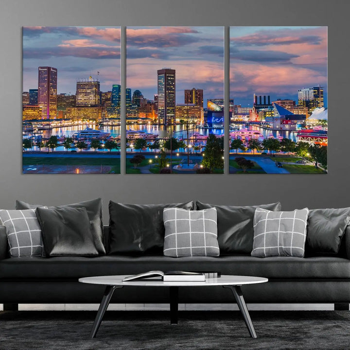 The "Baltimore City Lights Sunset Purple Cloudy Skyline Cityscape View Wall Art Canvas Prints," featuring a city skyline at sunset, is prominently displayed.